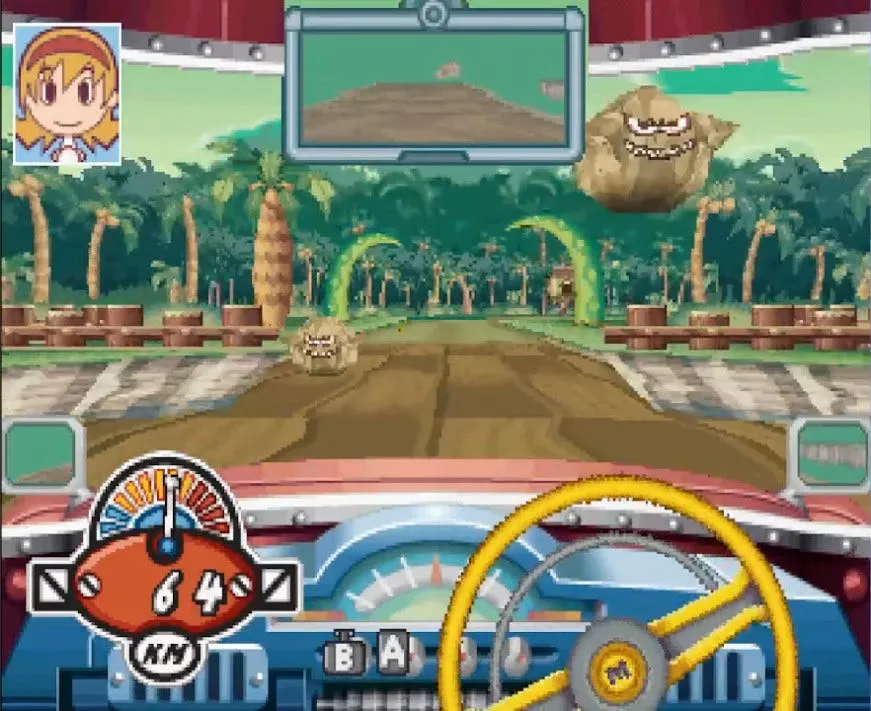 screenshot of the game, first person view from a car, driving on a bridge with big onion-like monsters hopping on it