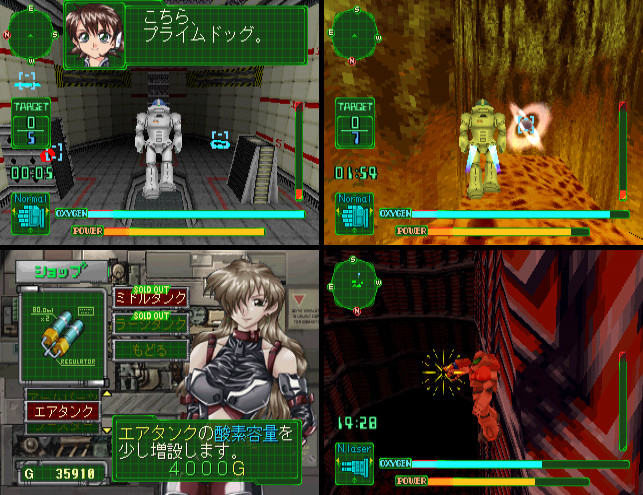 screenshots: training mission, mars cavern mission, shop, better suit charging the big laser