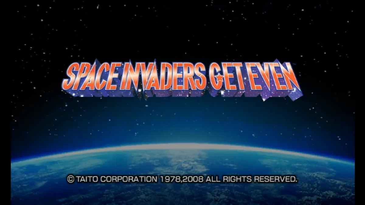 title screen of Space Invaders Get Even, showing the game title above the Earth&rsquo;s atmosphere in space