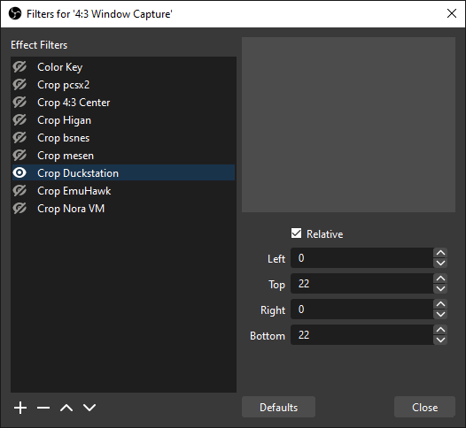 filter window with crop settings
